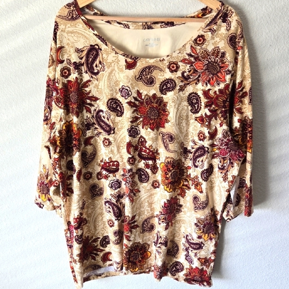 Catherines Floral Paisley Women's Top - Cream and Maroon Size 1x Summer Tee